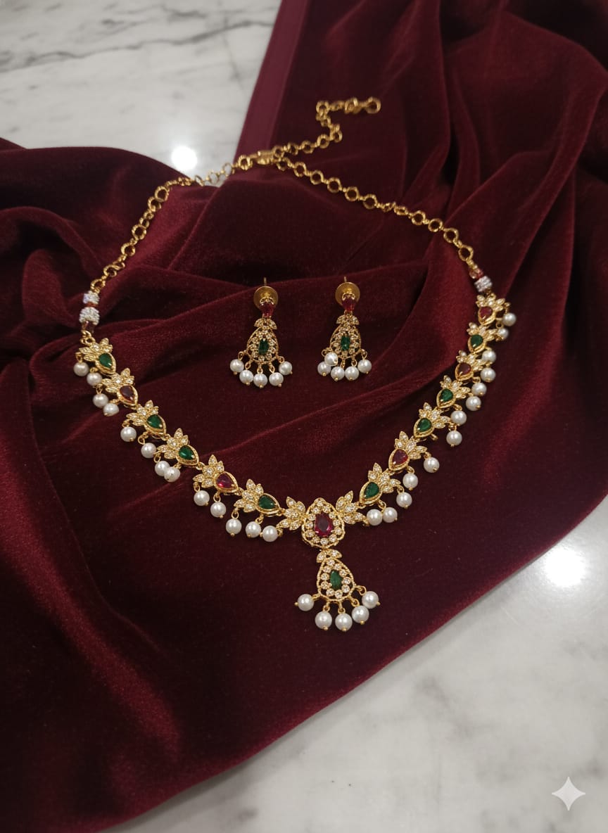Neckset- Red & green stone with pearls