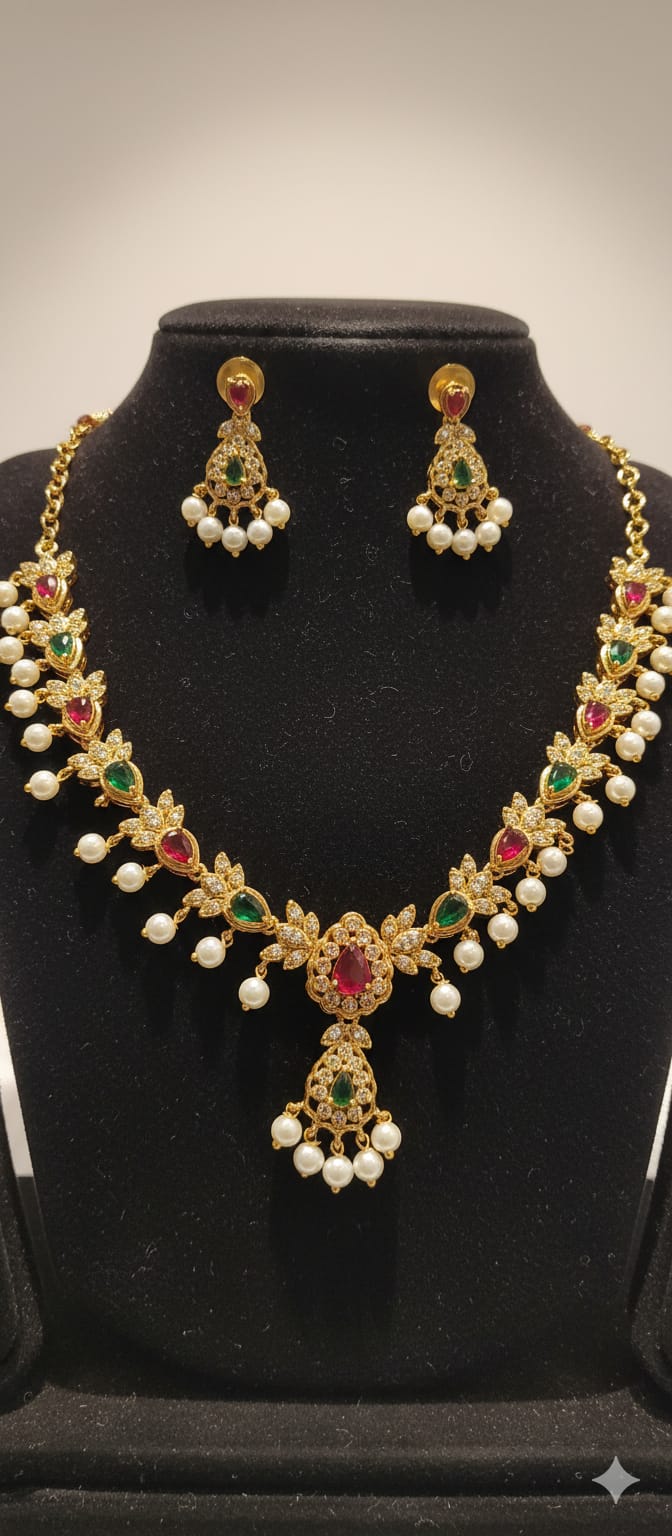 Neckset- Red & green stone with pearls