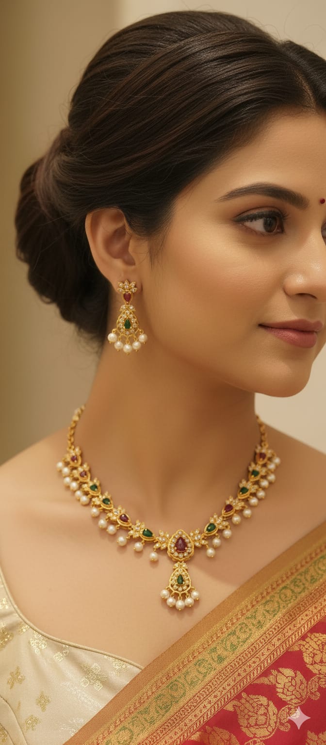 Neckset- Red & green stone with pearls